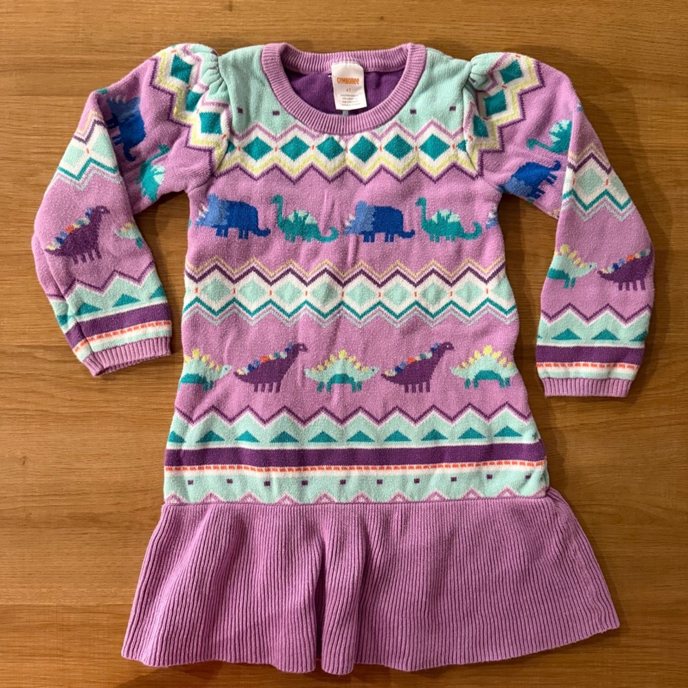 Gymboree Girls Purple Fair Isle Dinosaur Sweater Dress 4T Cotton Long Sleeve